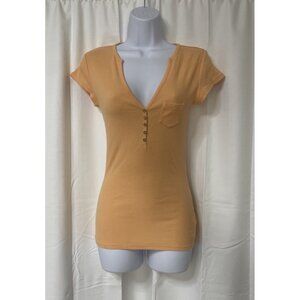 Guess Womens Vintage Y2K Babydoll Top Tee Orange Henley V-Neck Short Sleeve L